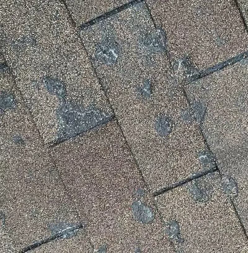 Close-up of hail damage on roof shingles
