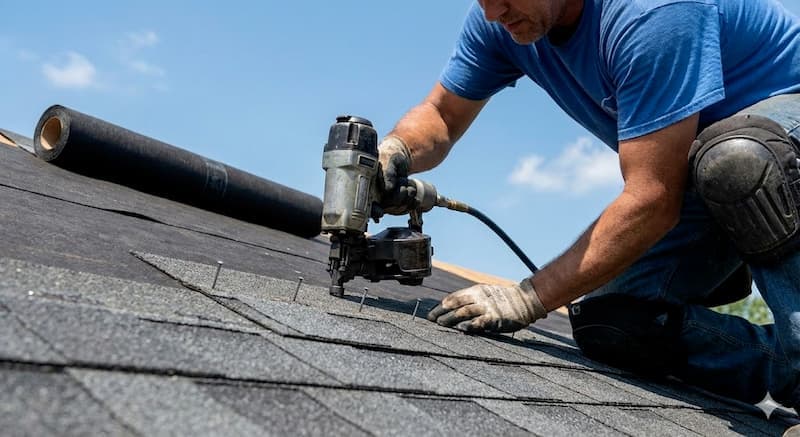 Professional roofer installing asphalt shingles on a residential roof in Columbus, Ohio